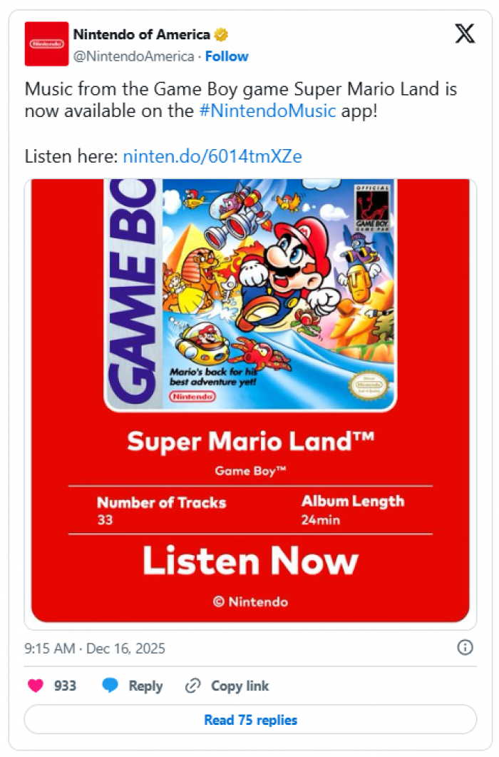 任天堂音乐应用更新，加入Game Boy经典《超级马里奥大陆》原声带