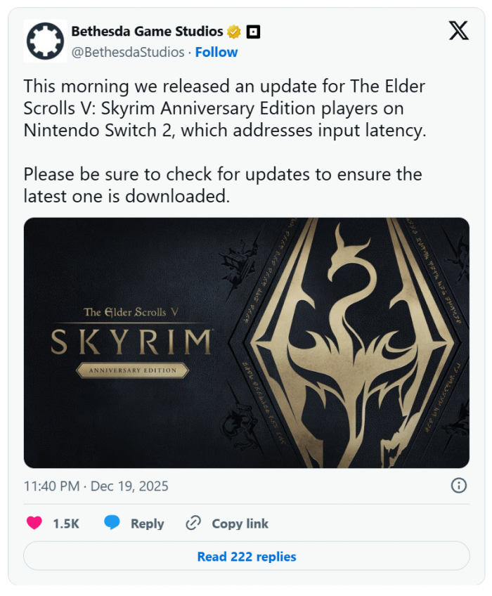 贝塞斯达发布Switch 2版《上古卷轴5：天际》补丁 修复操作延迟问题